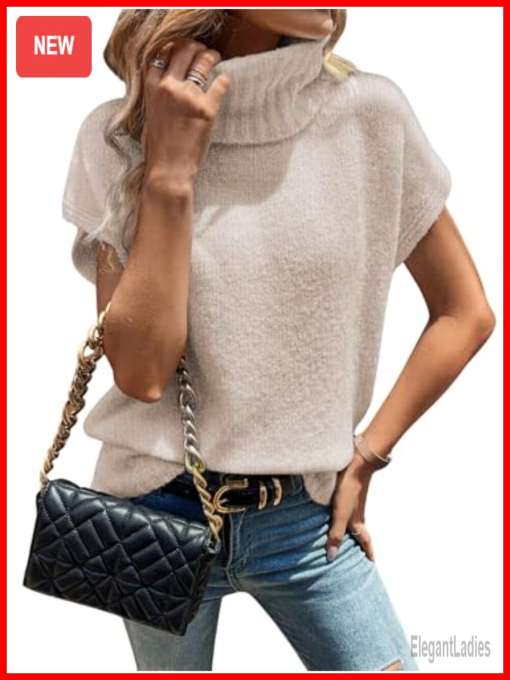Oversized Turtleneck Cap Sleeve Knit Sweater Vest Pullover Loose Fit